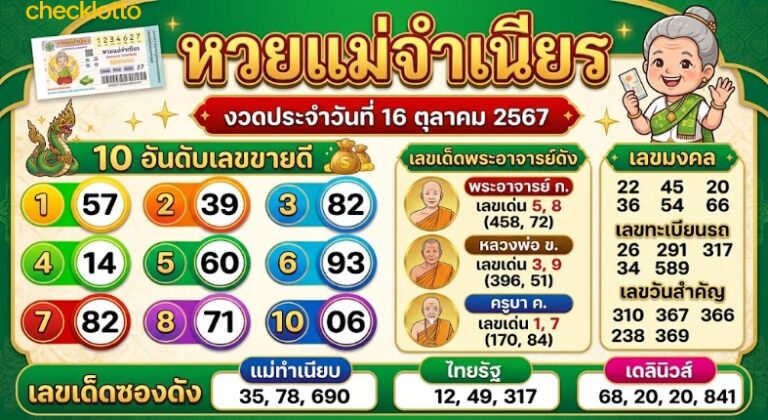 หวยแม่จำเนียร 10 อันดับเลขขายดี งวด 1 ต.ค. 2569 ส่องเลขมาแรงงวด 1/10/69